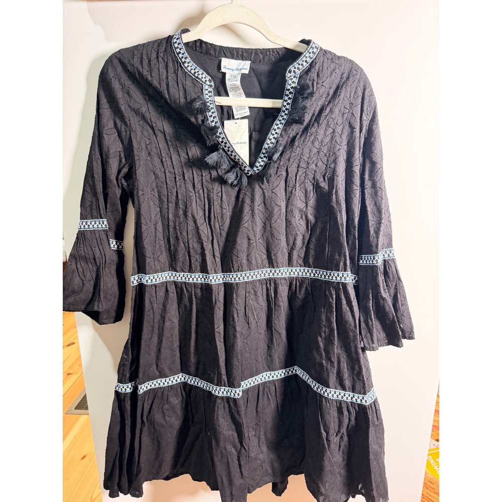Tommy Bahama Dress Womens XS Black Excellent Tiered Embroidered Tassel Boho